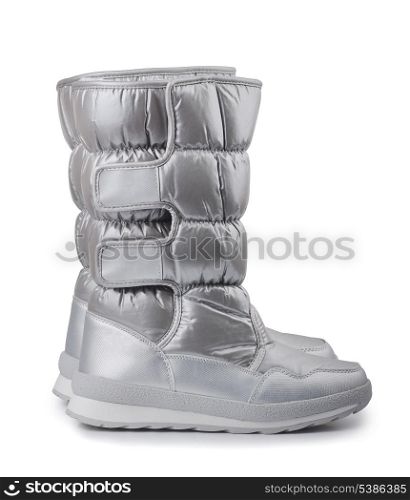 Pair of silver winters snow boots isolated on white