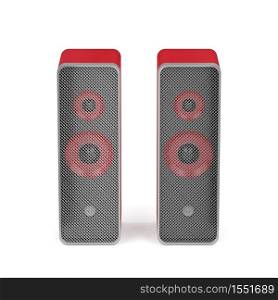 Pair of stereo computer speakers on white background, front view