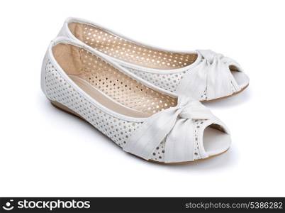 Pair of summer white leather womens shoes isolated on white
