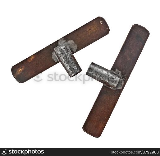 pair of vintage wind clock keys over white, clipping path
