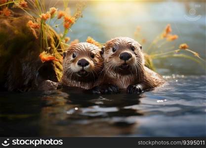Pair of Wild Otters Looks Wet Plunged by the River Lake at Morning
