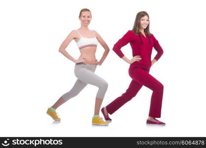 Pair of women doing exercises on white