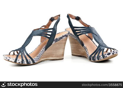 pair of women&rsquo;s sandals with high heels on a white background
