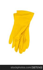 pair of yellow rubber gloves isolated on white background