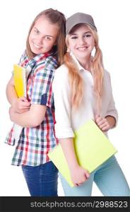 Pair of young students on white