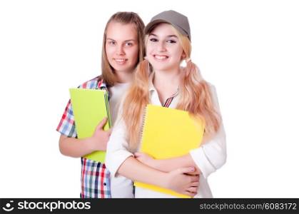 Pair of young students on white