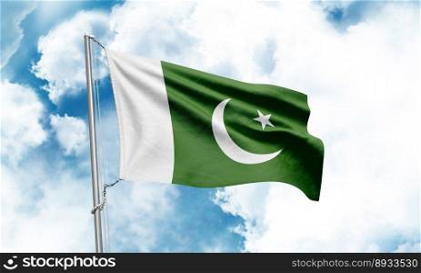 Pakistan flag waving on sky background. 3D Rendering