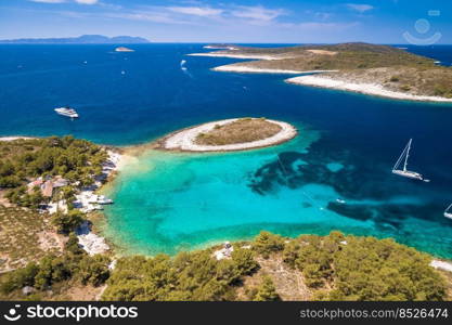 Pakleni otoci Marinkovac island turquoise bay yachting destination aerial view, Hvar island, Dalmatia region of Croatia