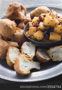Pakoras- Mushroom and Cauliflower with Mango Mustard and Pomegranate Salad