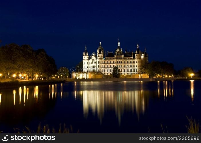 palace in Schwerin in germany illuminated at night