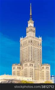 Palace of Culture and Science (Palac Kultury i Nauki) at morning, Warsaw city downtown, Poland.