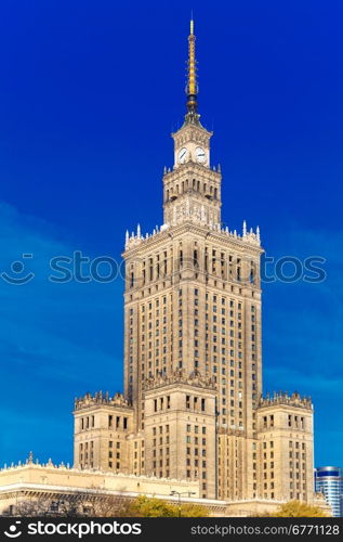 Palace of Culture and Science, Palac Kultury i Nauki, at morning, Warsaw city downtown, Poland.