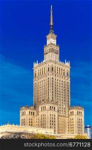 Palace of Culture and Science, Palac Kultury i Nauki, at morning, Warsaw city downtown, Poland.