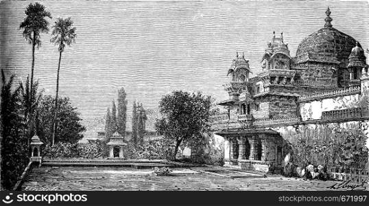 Palace on the island of Jag Mandir in Udaipur, vintage engraved illustration. Le Tour du Monde, Travel Journal, (1872).