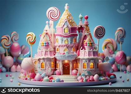 Palace Shaped Birthday Cake with Beautiful Colorful Candy Decorations and Lollipop on Light Blue Background