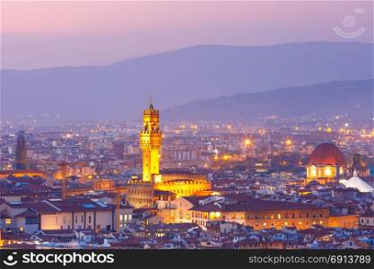 Palazzo Vecchio at sunset in Florence, Italy. Famous Arnolfo tower of Palazzo Vecchio on the Piazza della Signoria at gorgeous sunset in Florence, Tuscany, Italy