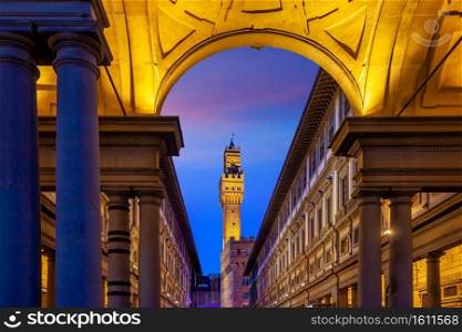 Palazzo Vecchio in downtown Florence city in Tuscany Italy at twilight