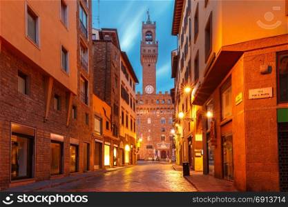 Palazzo Vecchio in the mornng in Florence, Italy. Famous tower of Palazzo Vecchio on the Piazza della Signoria in the morning in Florence, Tuscany, Italy