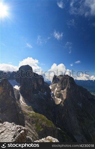 Pale di San Martino Dolomites against the sun, Trentino Italy