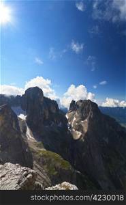 Pale di San Martino Dolomites against the sun, Trentino Italy