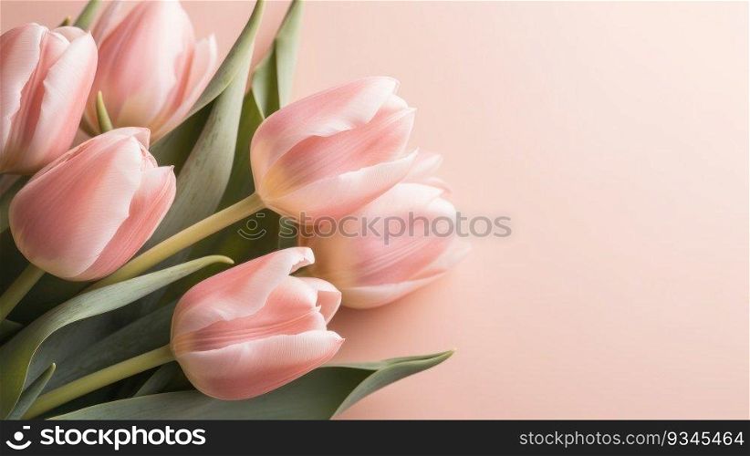 Pale pink tulips on a pastel pink background with copy space. Created using AI Generated technology and image editing software.