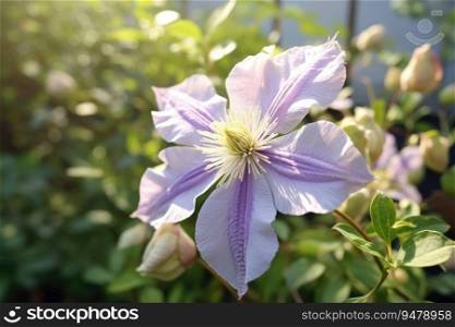 Pale purple clematis flower blooming in a garden. Generative AI
