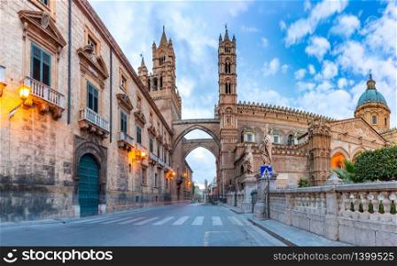 Palermo cathedral, connected with arcades to the Archbishops Palace in Palermo in the morning, Sicily, Italy. Palermo cathedral, Sicily, Italy