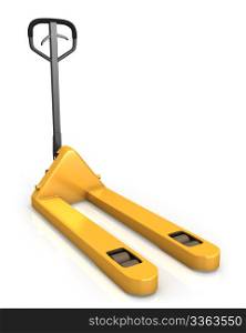 Pallet truck in perspective, front view isolated on white background