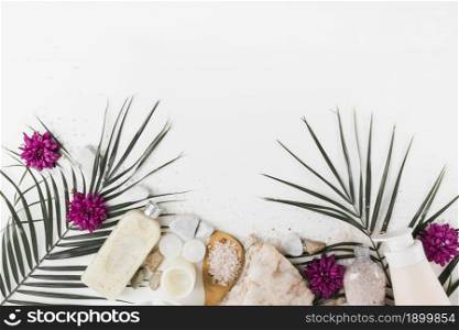 palm leaves flower body scrub salt spa stones white background. Resolution and high quality beautiful photo. palm leaves flower body scrub salt spa stones white background. High quality beautiful photo concept