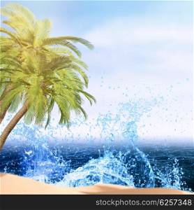 Palm, ocean waves and beach, abstract summer vacation backgrounds