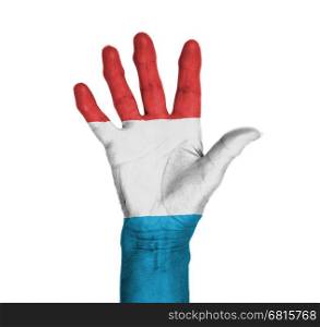 Palm of a woman hand, painted with flag of Luxembourg