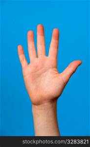 Palm of outstretched hand on blue background.