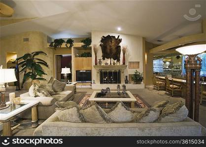 palm Springs living room with wall-mounted animal pelt