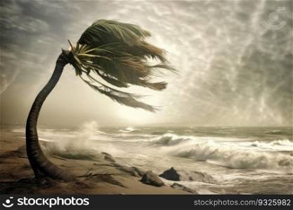 Palm tree battles against the force of the hurricane winds. Generative AI.. Palm tree bending in the hurricane wind