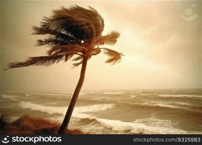 Palm tree battles against the force of the hurricane winds. Generative AI.. Palm tree bending in the hurricane wind