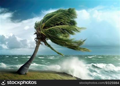 Palm tree battles against the force of the hurricane winds. Generative AI.. Palm tree bending in the hurricane  