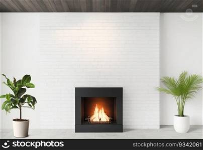 Palm Tree White Door and Brick Wall Fireplace Interior. Generative AI.