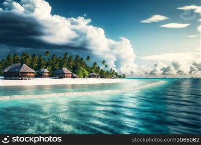 Palm trees and villas on a white beach with a bright blue sky. Idyllic tropical seascape. Paradise beach. Generative AI.. Palm trees and villas on a white beach with a bright blue sky. Idyllic tropical seascape. Paradise beach. Generative AI