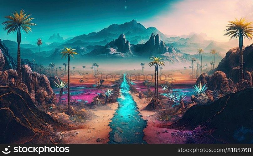 Palm trees in the desert with mountains on background. Neon colored synthwave landscape. Generative AI.. Palm trees in the desert with mountains on background. Neon colored synthwave landscape. Generative AI