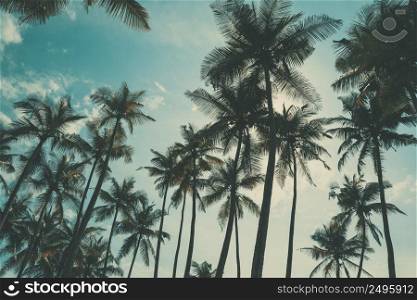 Palm trees on tropical beach at sunny day, vintage toned and retro color stylized