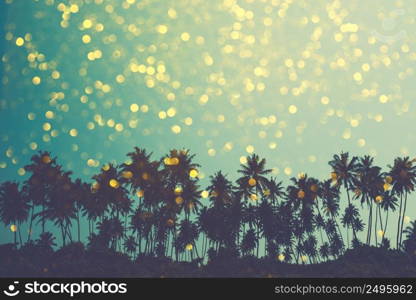 Palm trees on tropical beach, vintage toned and retro color stylized with shiny golden party bokeh background
