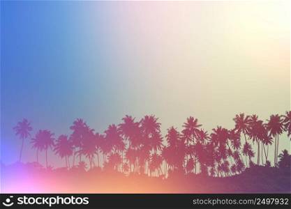 Palm trees on tropical beach, vintage toned and retro film light flare stylized
