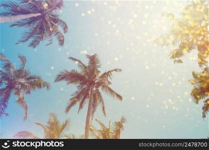 Palm trees vintage toned with shiny party bokeh lights effect