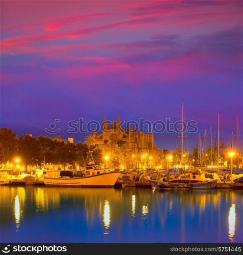 Palma de Mallorca sunrise with Cathedral and port in Majorca Balearic islands of spain