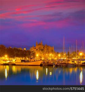 Palma de Mallorca sunrise with Cathedral and port in Majorca Balearic islands of spain