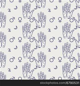 Palmistry seamless pattern. Palmistry seamless pattern with hand and isoteric signs. Vector illustration