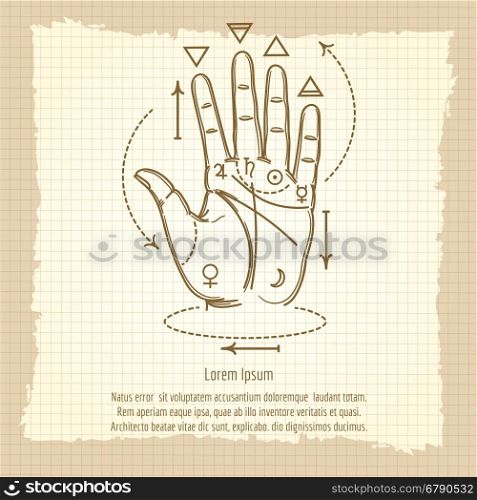 Palmistry sign on vintage background. Palmistry sign vector illustration. Hand and isoteric signs on vintage background