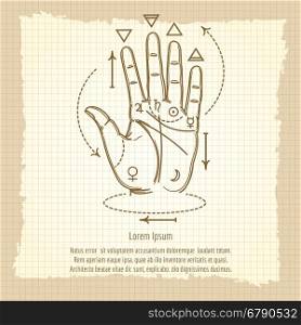 Palmistry sign on vintage background. Palmistry sign vector illustration. Hand and isoteric signs on vintage background