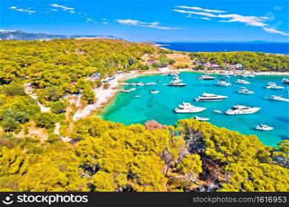 Palmizana bay beach and anchor harbor sailing destinatioan aerial view, Pakleni Otoci archipelago near Hvar, Croatia
