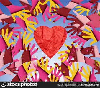 Palms reaching for a red heart, representing the concept of kindness and love. Tolerance 